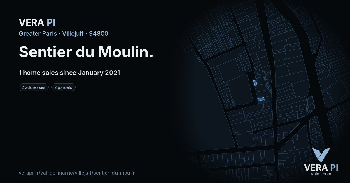 Sentier du Moulin, Villejuif at night – every parcel coloured by the prices around it, the street's own parcels lit