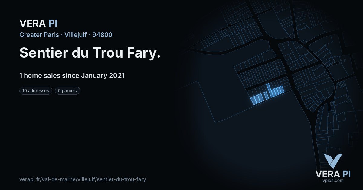 Sentier du Trou Fary, Villejuif at night – every parcel coloured by the prices around it, the street's own parcels lit