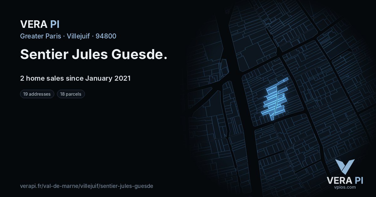 Sentier Jules Guesde, Villejuif at night – every parcel coloured by the prices around it, the street's own parcels lit