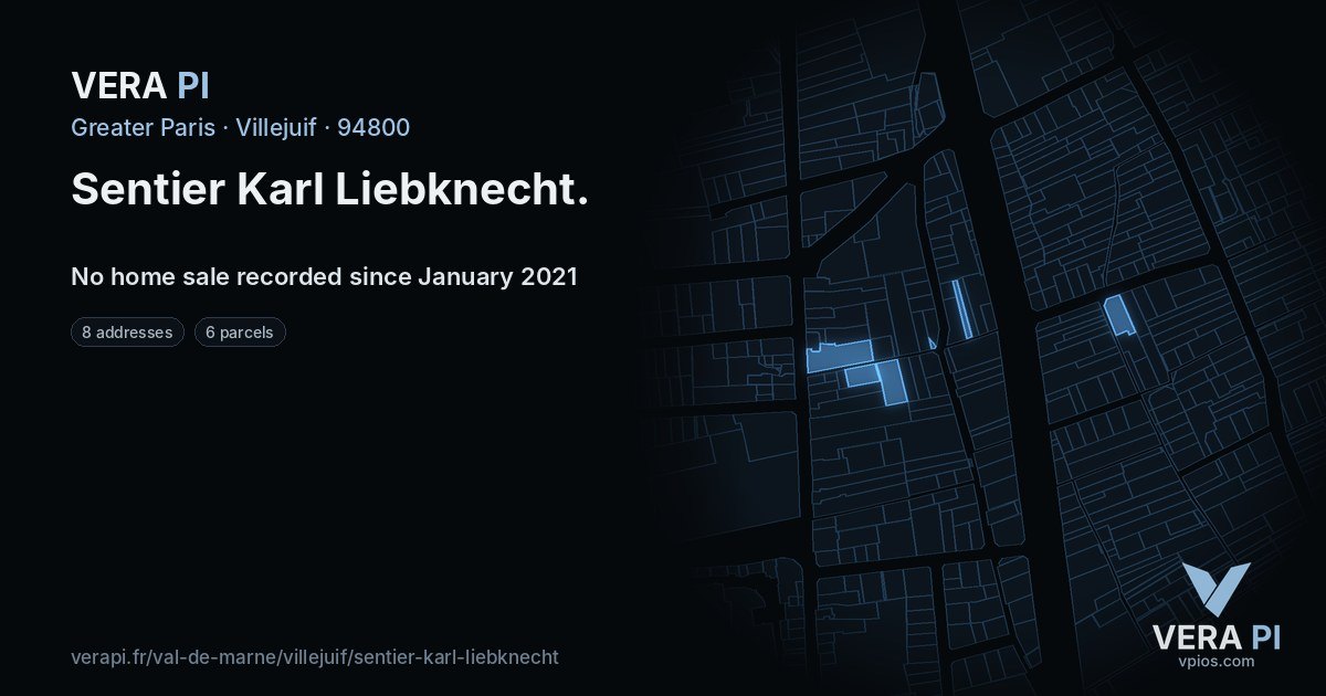 Sentier Karl Liebknecht, Villejuif at night – every parcel coloured by the prices around it, the street's own parcels lit