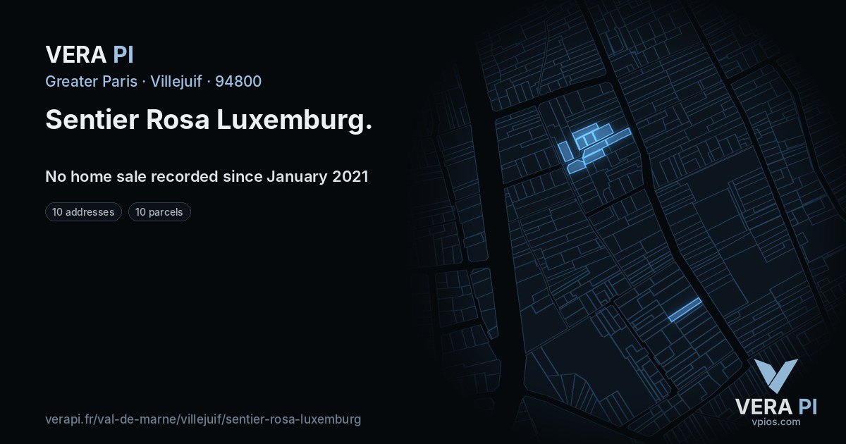 Sentier Rosa Luxemburg, Villejuif at night – every parcel coloured by the prices around it, the street's own parcels lit