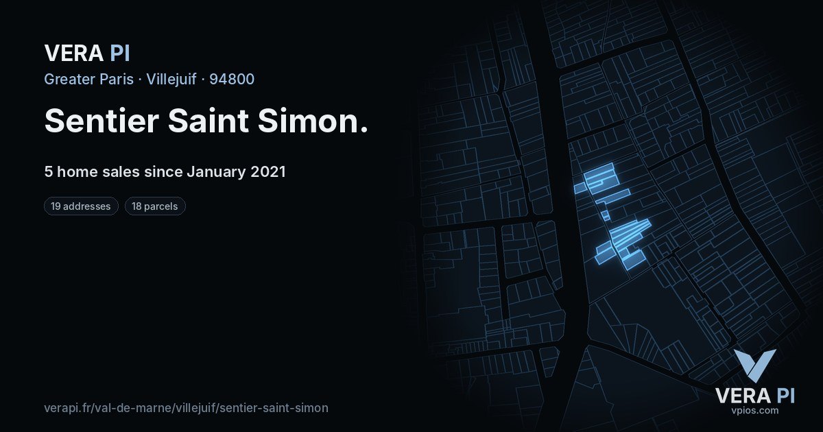 Sentier Saint Simon, Villejuif at night – every parcel coloured by the prices around it, the street's own parcels lit