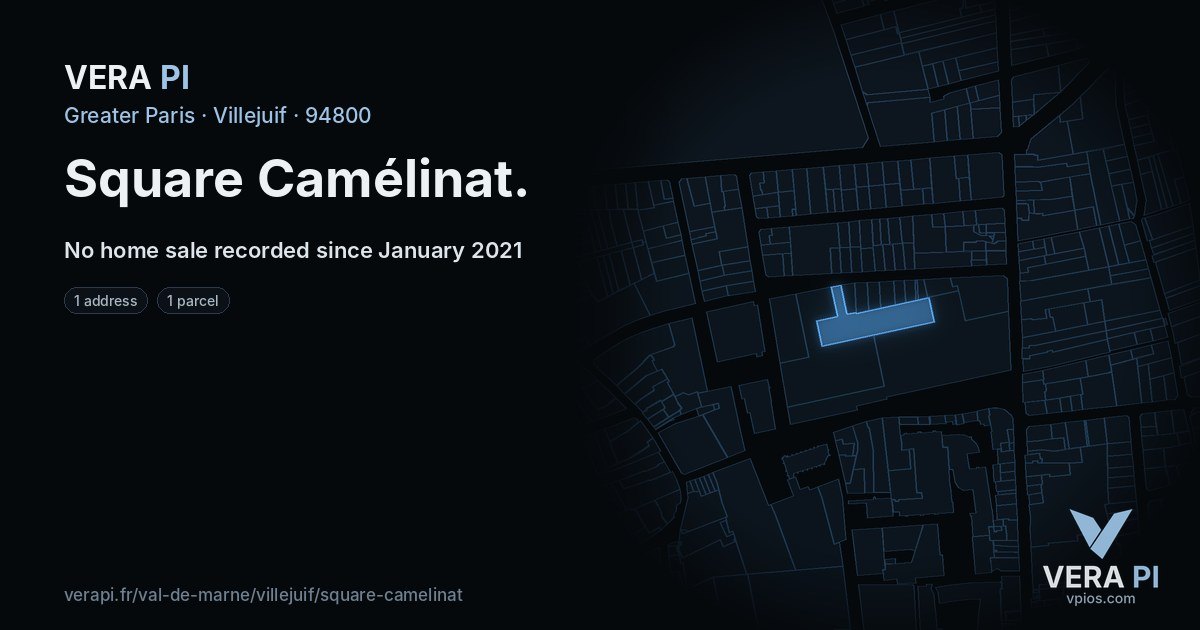 Square Camélinat, Villejuif at night – every parcel coloured by the prices around it, the street's own parcels lit