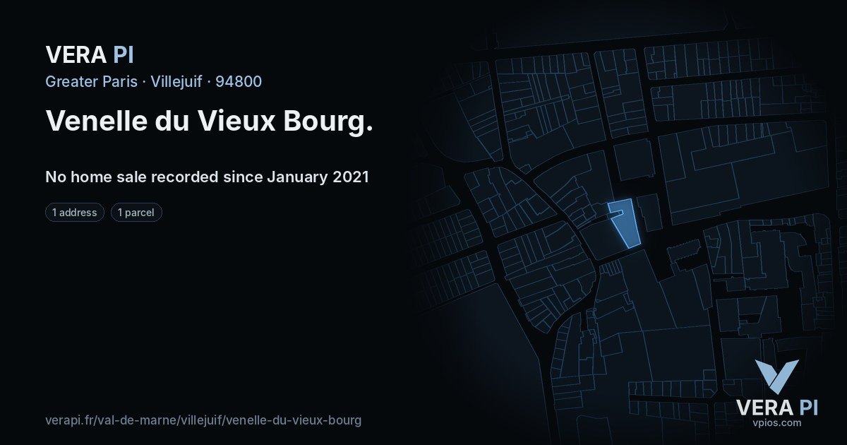 Venelle du Vieux Bourg, Villejuif at night – every parcel coloured by the prices around it, the street's own parcels lit