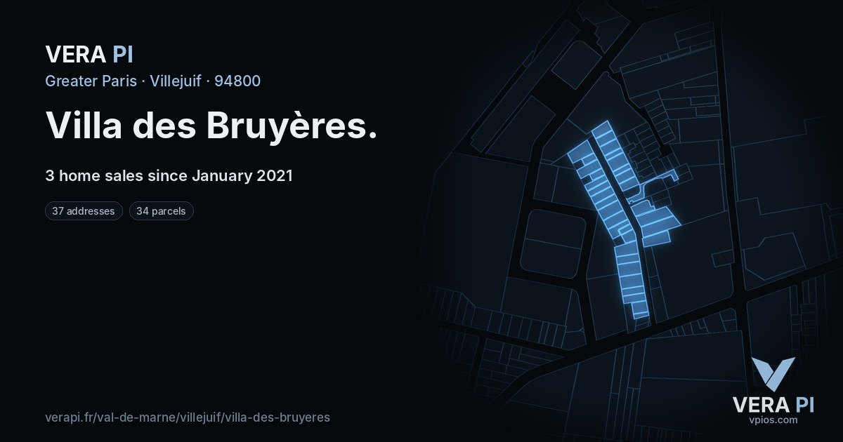 Villa des Bruyères, Villejuif at night – every parcel coloured by the prices around it, the street's own parcels lit