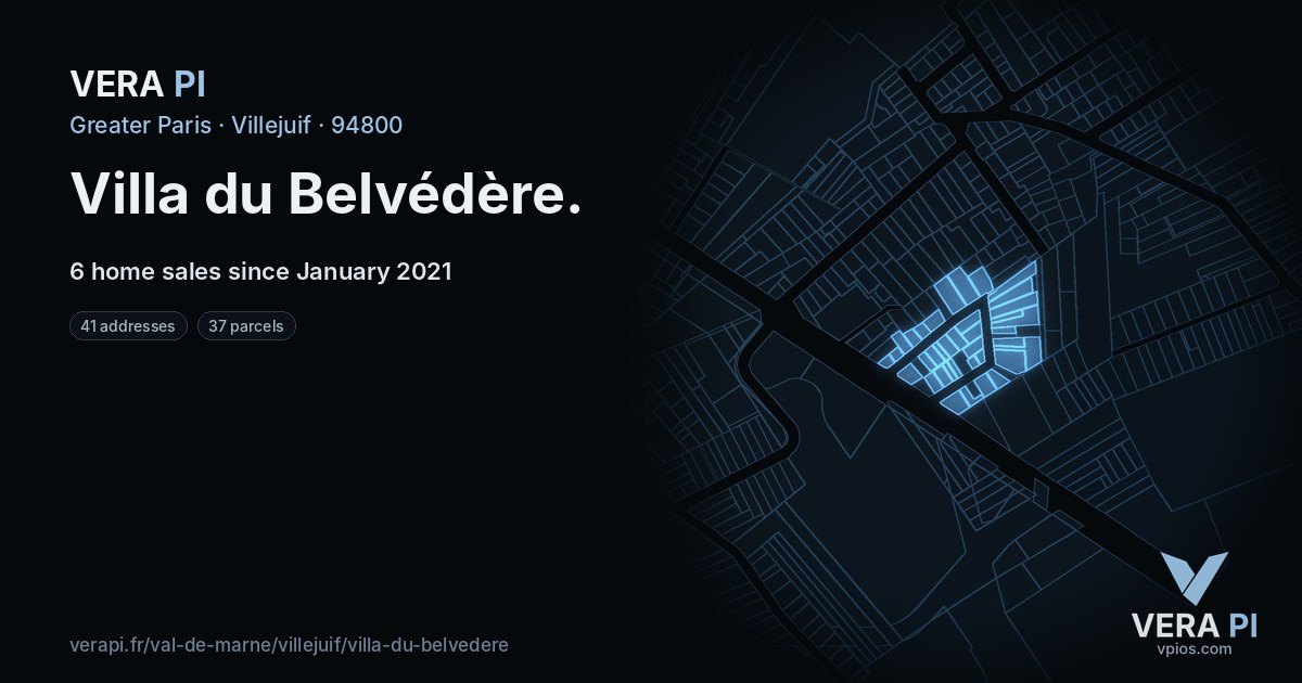 Villa du Belvédère, Villejuif at night – every parcel coloured by the prices around it, the street's own parcels lit