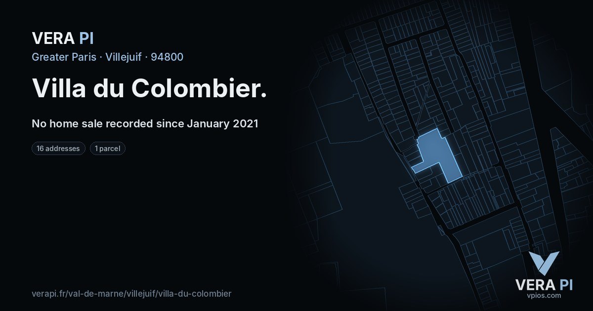 Villa du Colombier, Villejuif at night – every parcel coloured by the prices around it, the street's own parcels lit