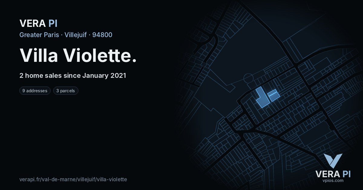 Villa Violette, Villejuif at night – every parcel coloured by the prices around it, the street's own parcels lit