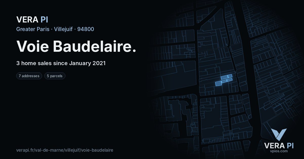 Voie Baudelaire, Villejuif at night – every parcel coloured by the prices around it, the street's own parcels lit