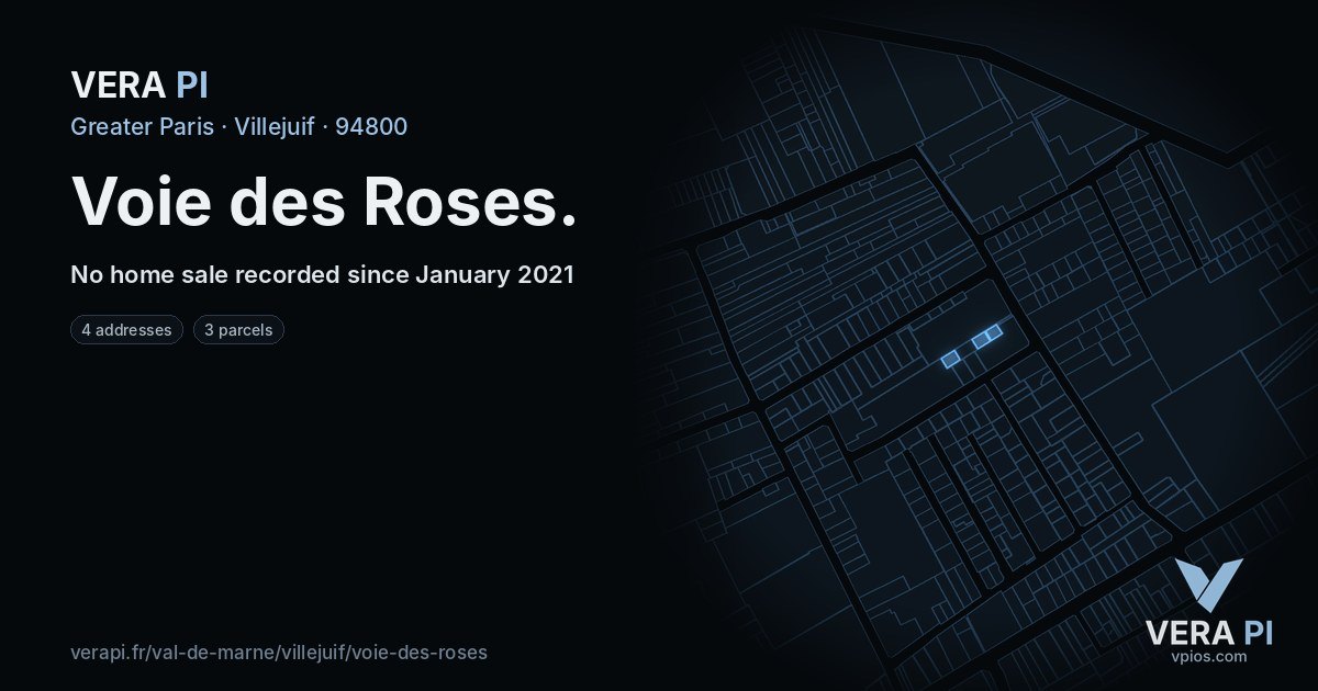 Voie des Roses, Villejuif at night – every parcel coloured by the prices around it, the street's own parcels lit