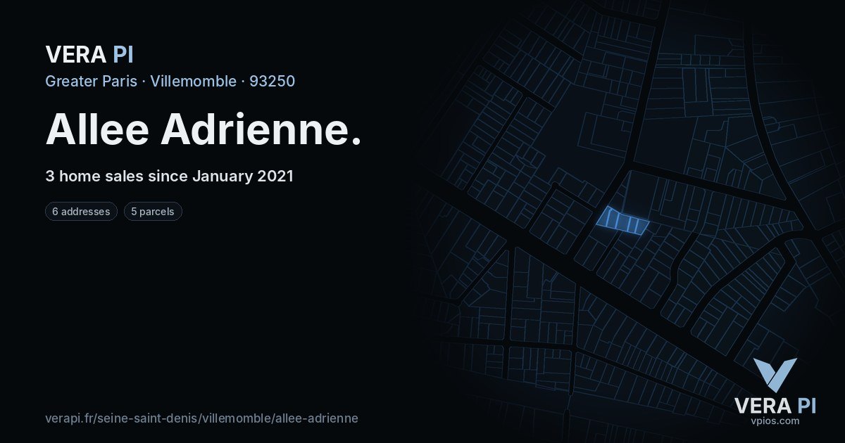Allee Adrienne, Villemomble at night – every parcel coloured by the prices around it, the street's own parcels lit