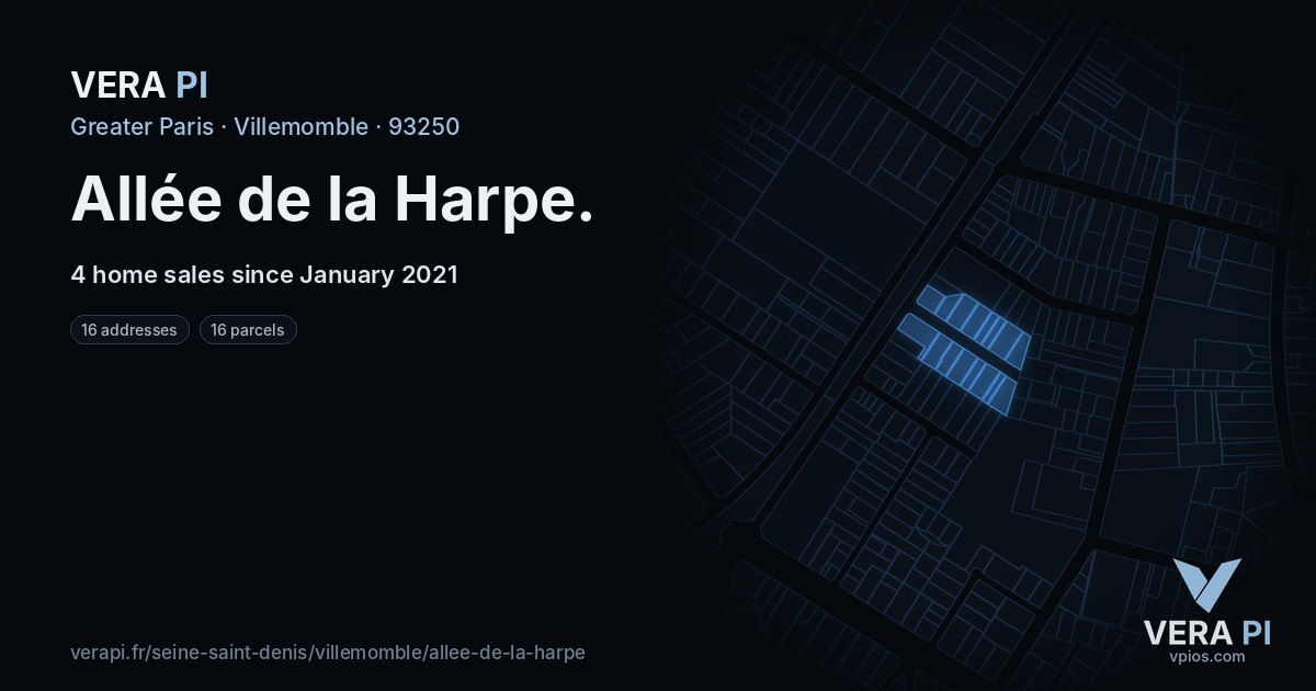 Allée de la Harpe, Villemomble at night – every parcel coloured by the prices around it, the street's own parcels lit