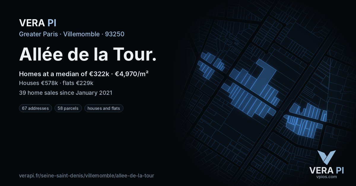 Allée de la Tour, Villemomble at night – every parcel coloured by the prices around it, the street's own parcels lit