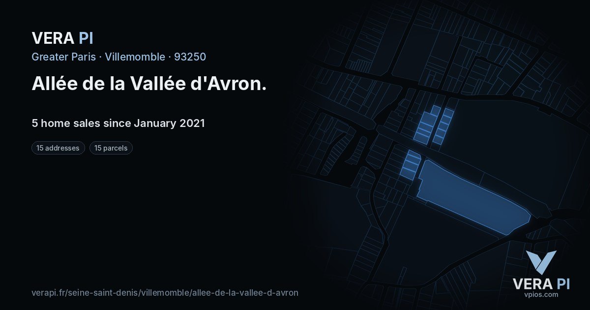 Allée de la Vallée d'Avron, Villemomble at night – every parcel coloured by the prices around it, the street's own parcels lit