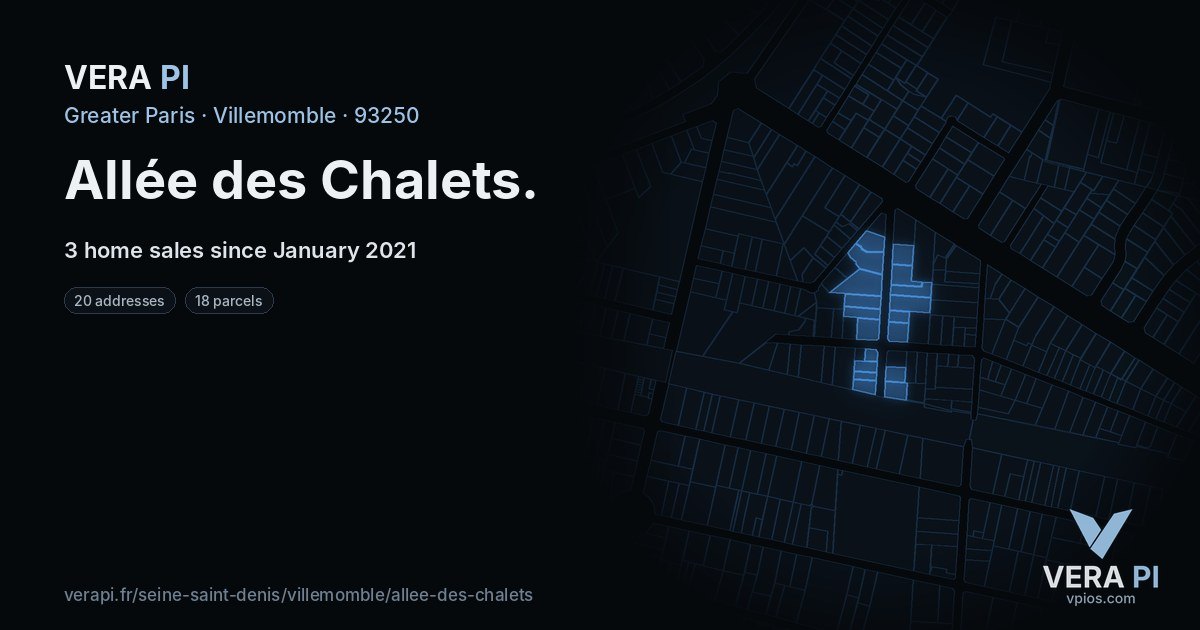 Allée des Chalets, Villemomble at night – every parcel coloured by the prices around it, the street's own parcels lit
