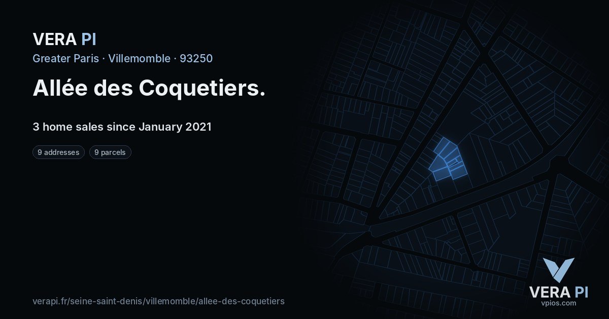 Allée des Coquetiers, Villemomble at night – every parcel coloured by the prices around it, the street's own parcels lit