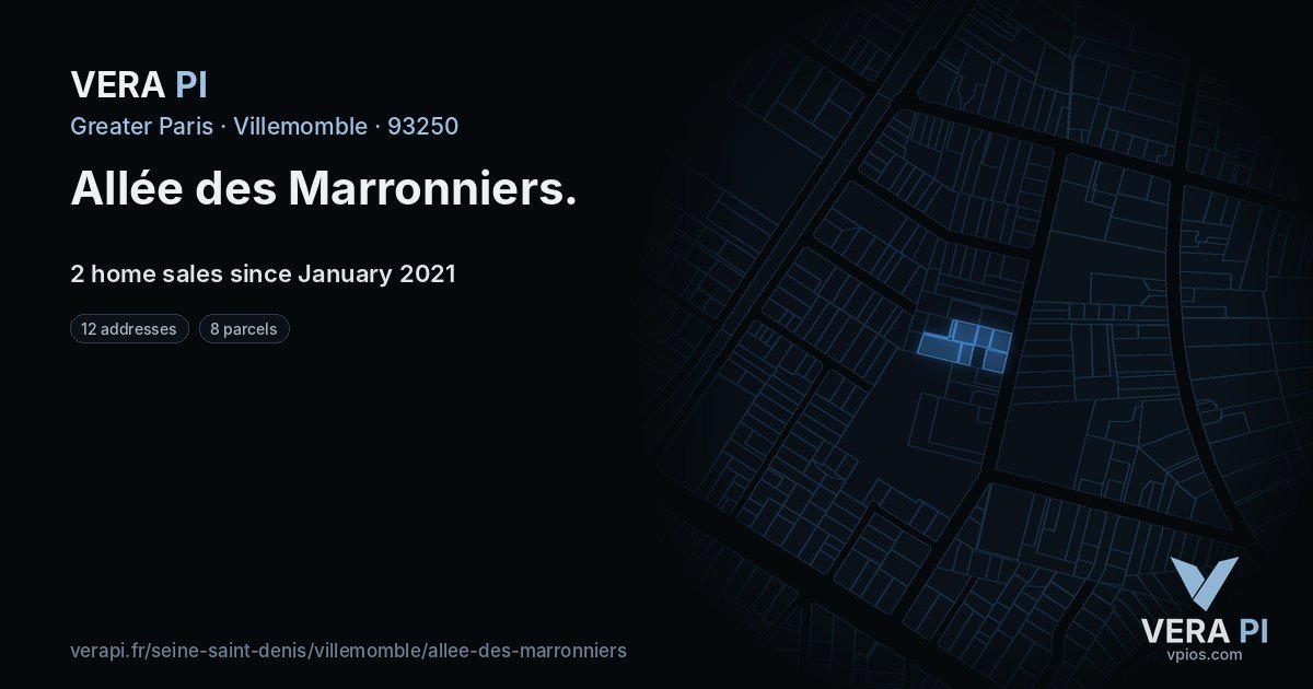 Allée des Marronniers, Villemomble at night – every parcel coloured by the prices around it, the street's own parcels lit