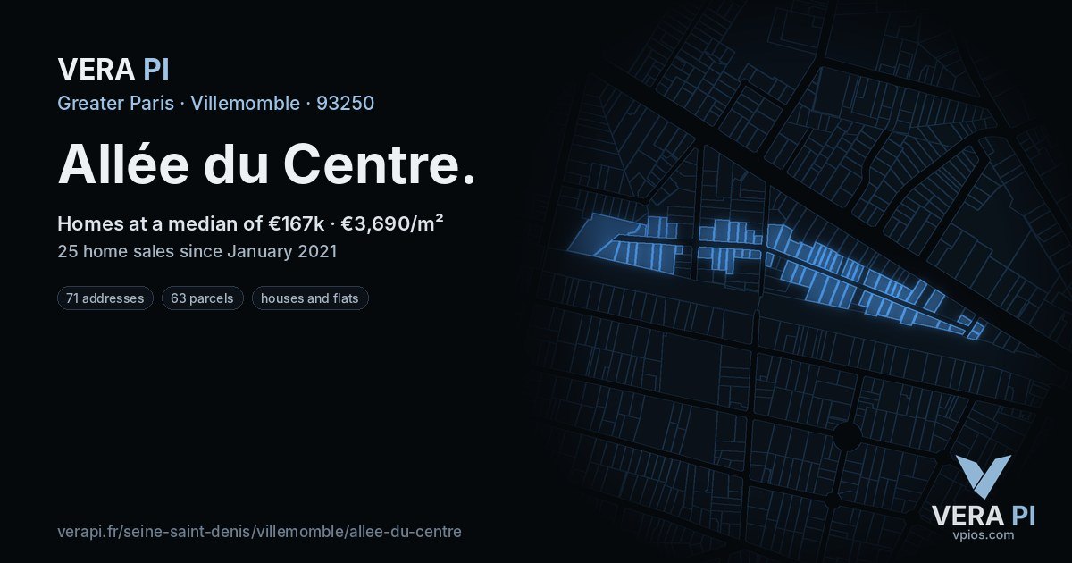 Allée du Centre, Villemomble at night – every parcel coloured by the prices around it, the street's own parcels lit