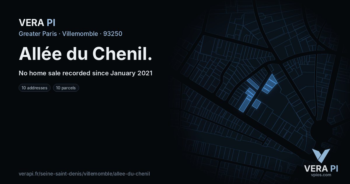 Allée du Chenil, Villemomble at night – every parcel coloured by the prices around it, the street's own parcels lit