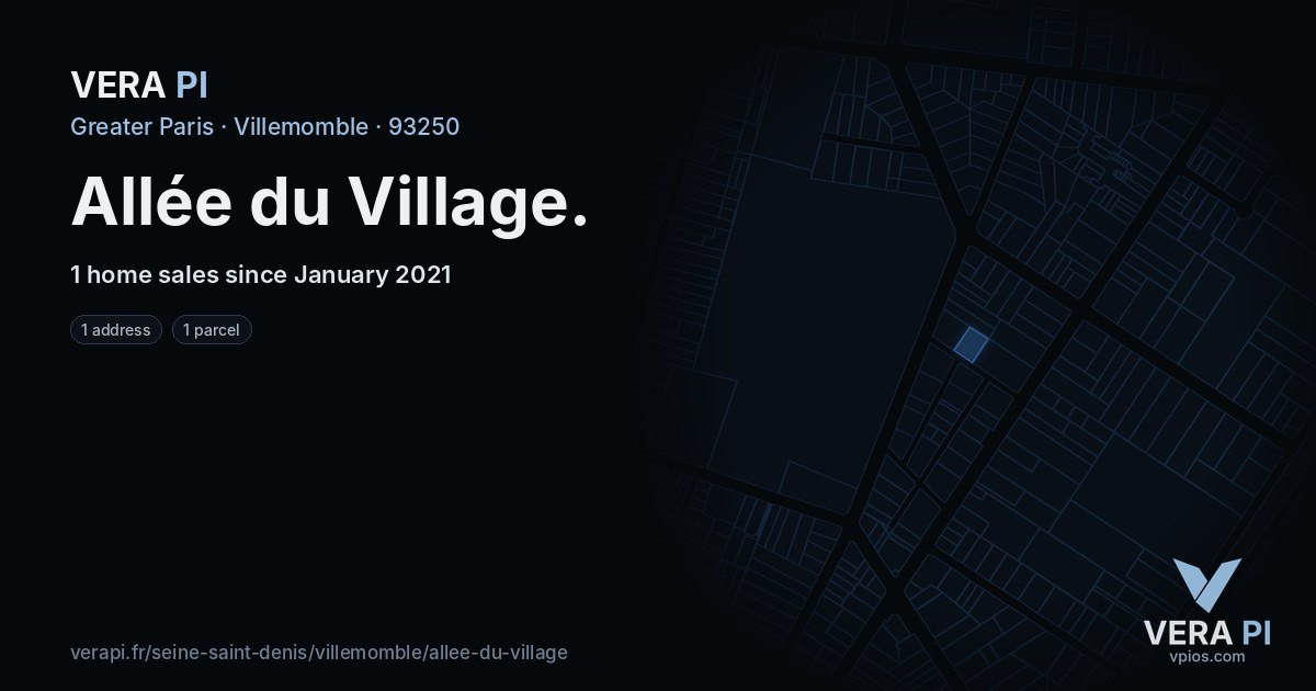 Allée du Village, Villemomble at night – every parcel coloured by the prices around it, the street's own parcels lit
