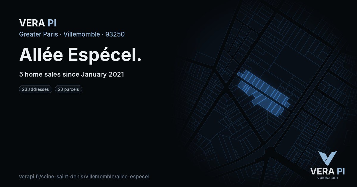 Allée Espécel, Villemomble at night – every parcel coloured by the prices around it, the street's own parcels lit