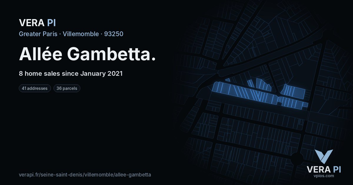 Allée Gambetta, Villemomble at night – every parcel coloured by the prices around it, the street's own parcels lit