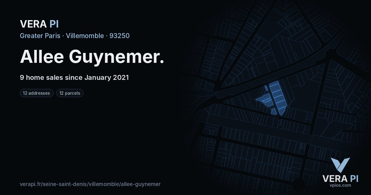 Allee Guynemer, Villemomble at night – every parcel coloured by the prices around it, the street's own parcels lit