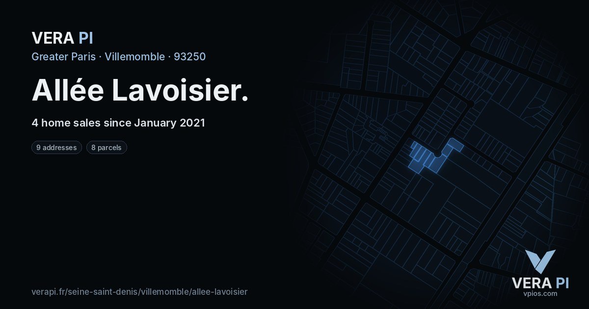 Allée Lavoisier, Villemomble at night – every parcel coloured by the prices around it, the street's own parcels lit