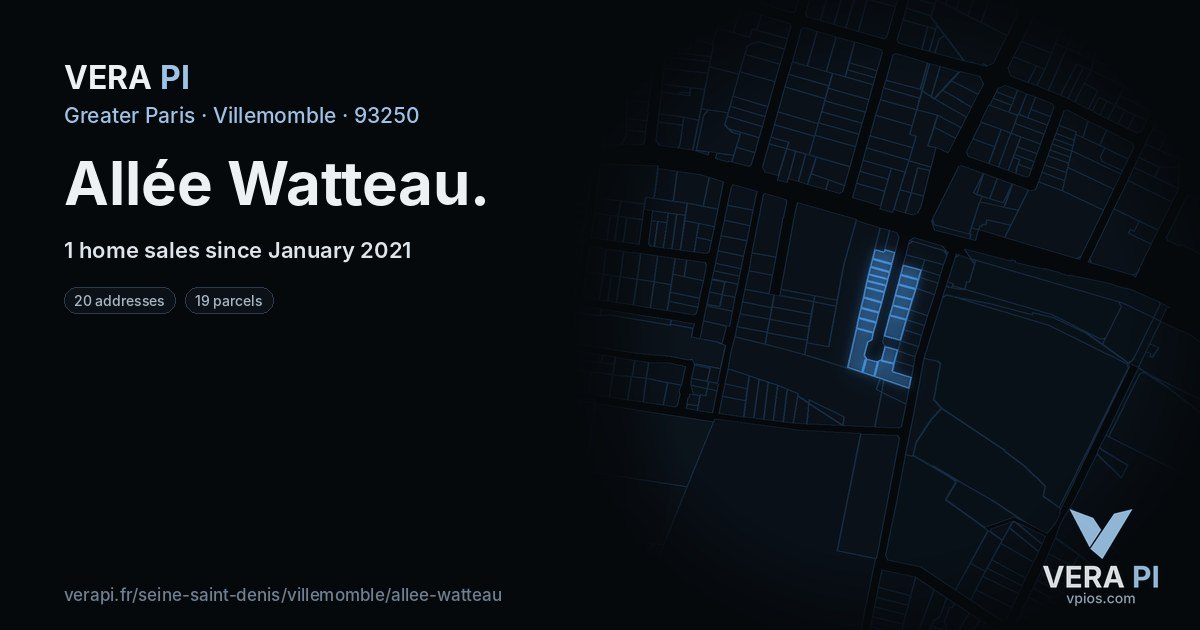 Allée Watteau, Villemomble at night – every parcel coloured by the prices around it, the street's own parcels lit