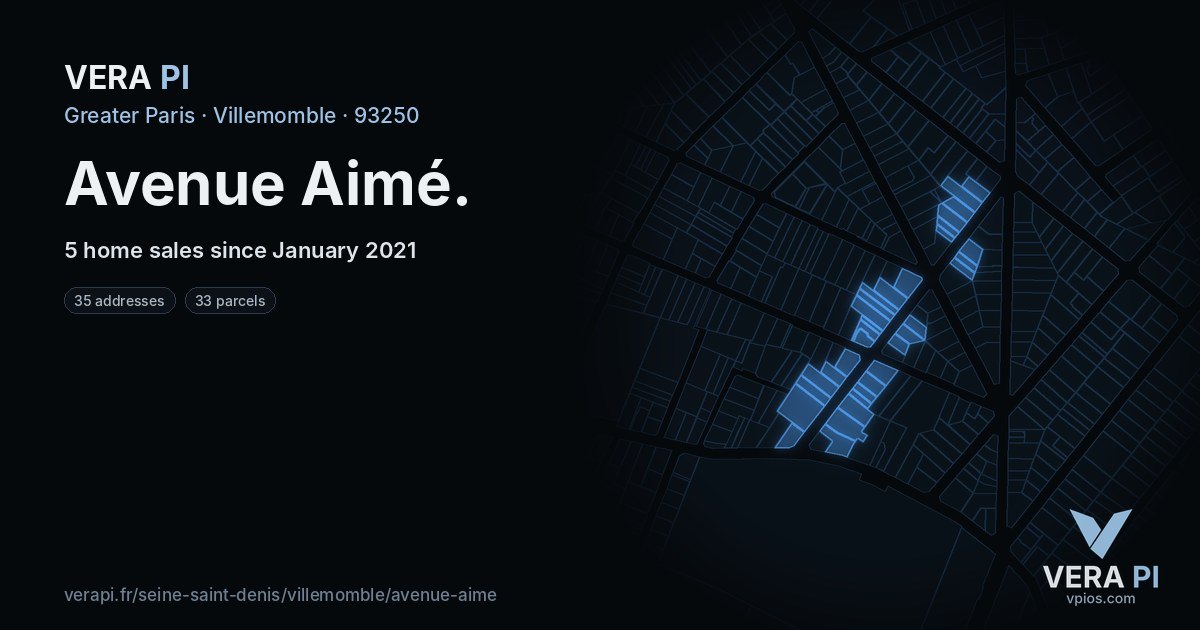 Avenue Aimé, Villemomble at night – every parcel coloured by the prices around it, the street's own parcels lit
