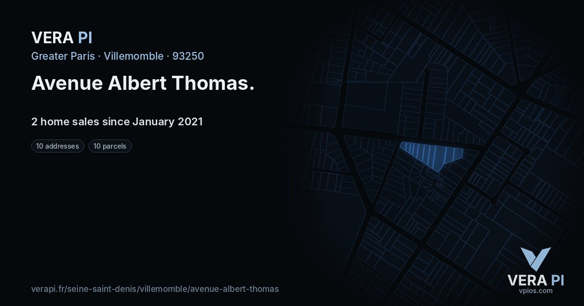 Avenue Albert Thomas, Villemomble at night – every parcel coloured by the prices around it, the street's own parcels lit