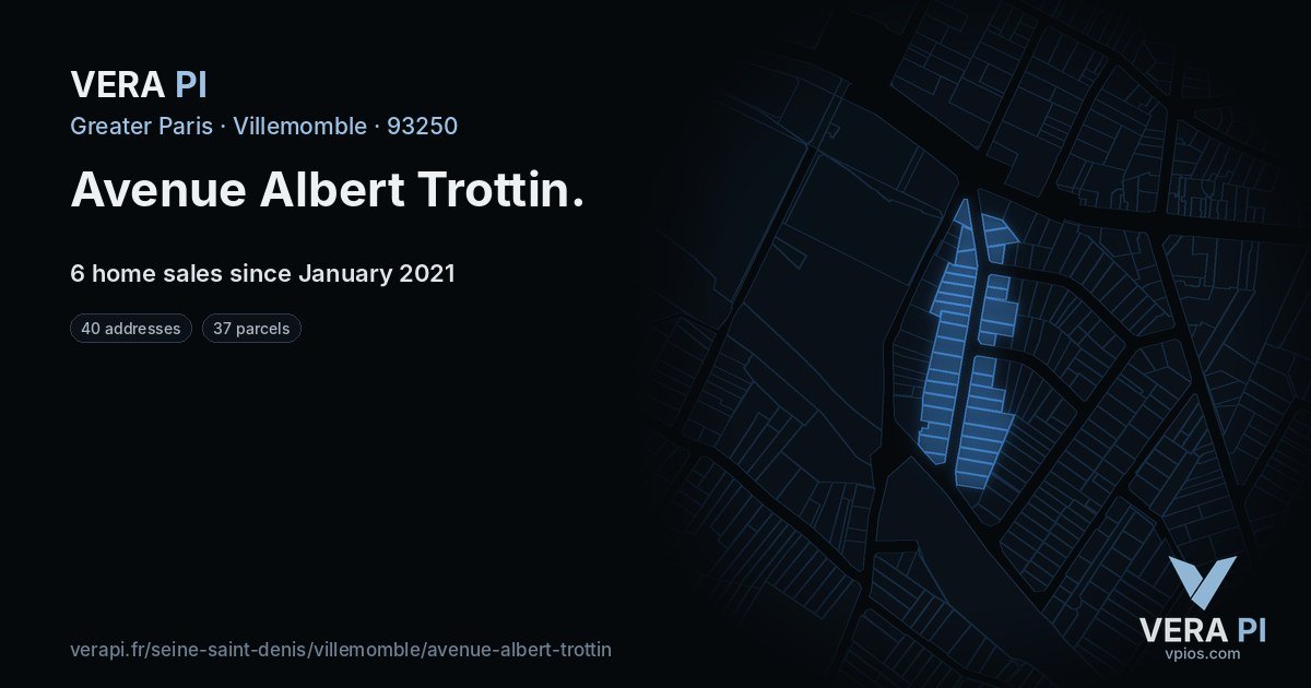 Avenue Albert Trottin, Villemomble at night – every parcel coloured by the prices around it, the street's own parcels lit