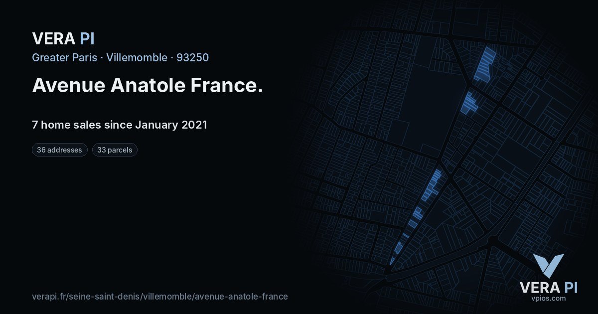 Avenue Anatole France, Villemomble at night – every parcel coloured by the prices around it, the street's own parcels lit