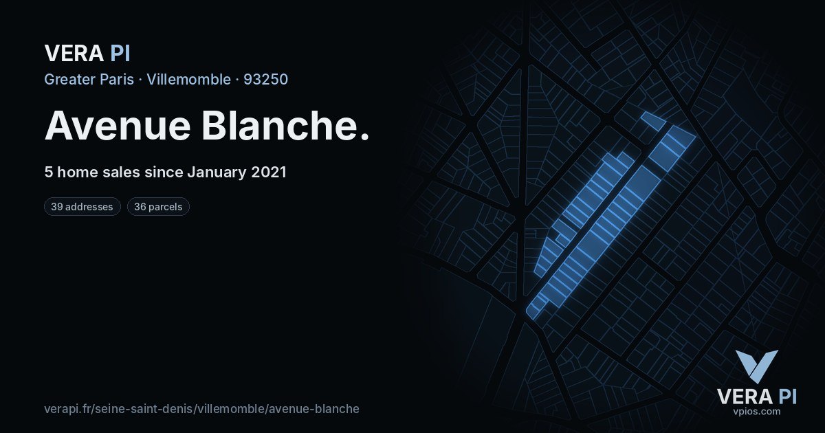 Avenue Blanche, Villemomble at night – every parcel coloured by the prices around it, the street's own parcels lit