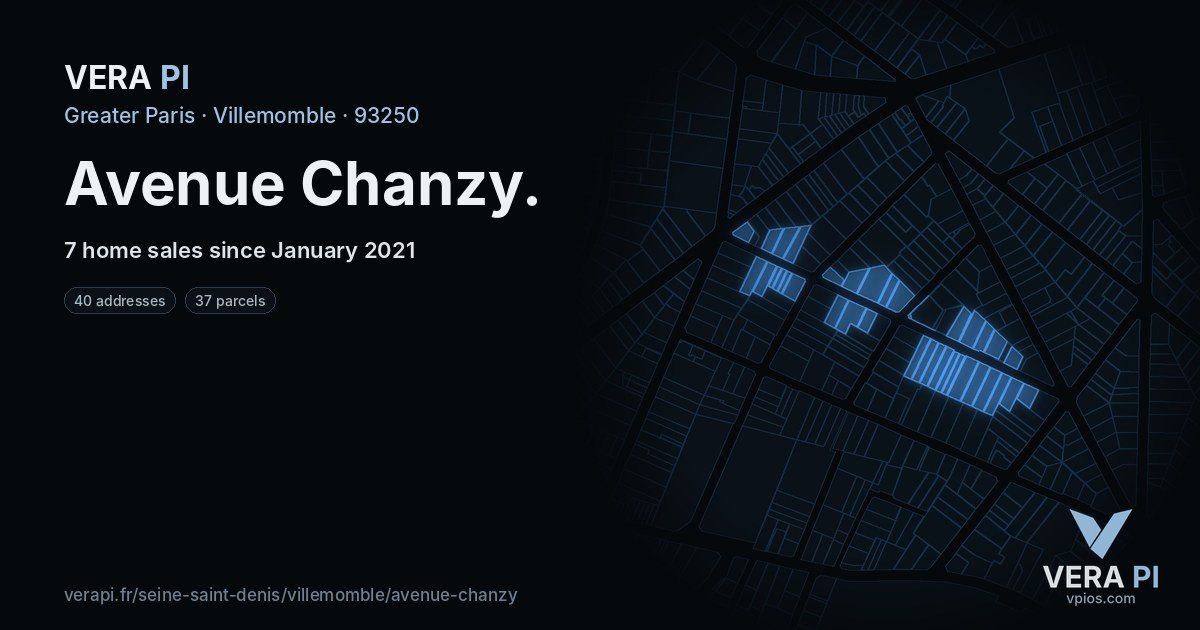Avenue Chanzy, Villemomble at night – every parcel coloured by the prices around it, the street's own parcels lit