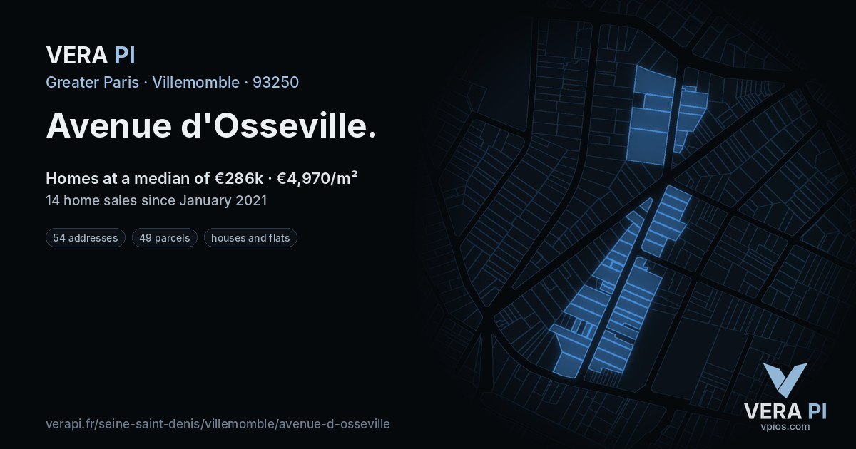 Avenue d'Osseville, Villemomble at night – every parcel coloured by the prices around it, the street's own parcels lit