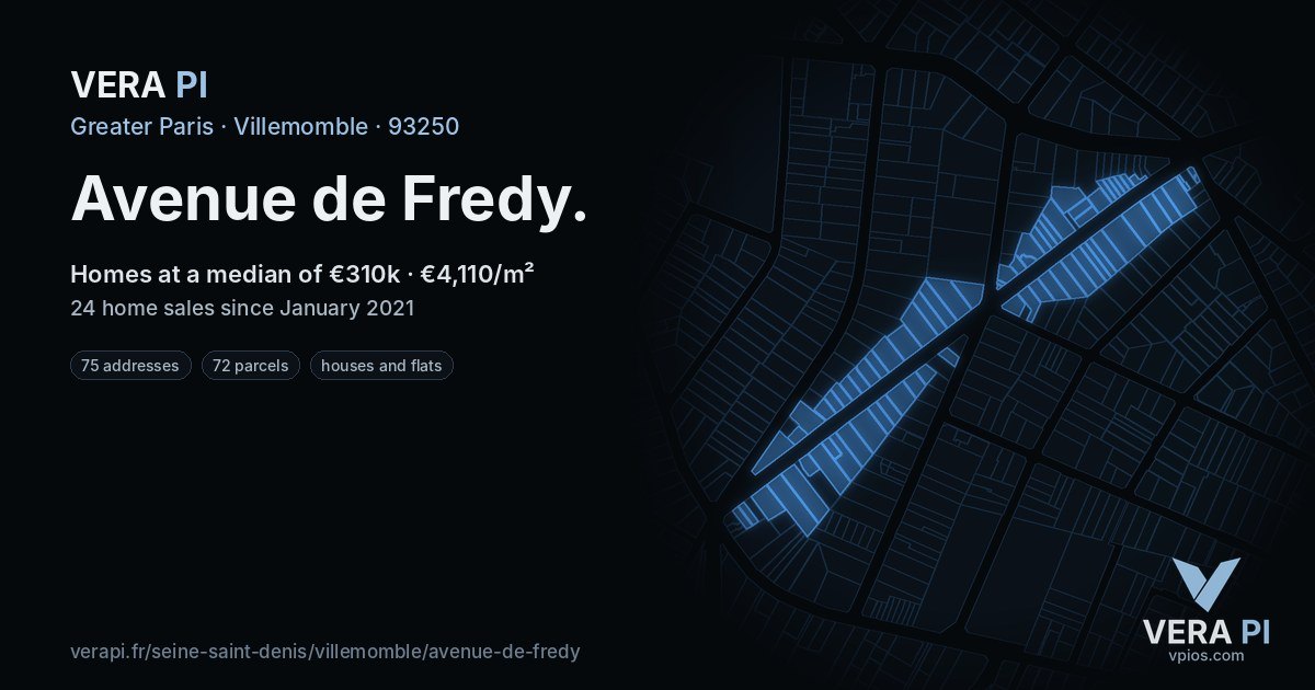 Avenue de Fredy, Villemomble at night – every parcel coloured by the prices around it, the street's own parcels lit
