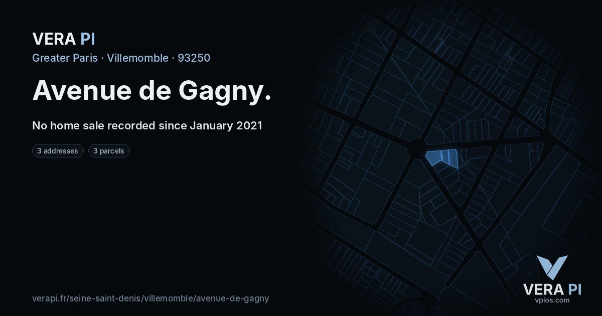 Avenue de Gagny, Villemomble at night – every parcel coloured by the prices around it, the street's own parcels lit