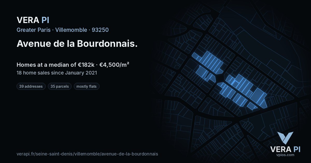 Avenue de la Bourdonnais, Villemomble at night – every parcel coloured by the prices around it, the street's own parcels lit