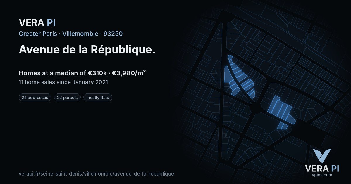 Avenue de la République, Villemomble at night – every parcel coloured by the prices around it, the street's own parcels lit