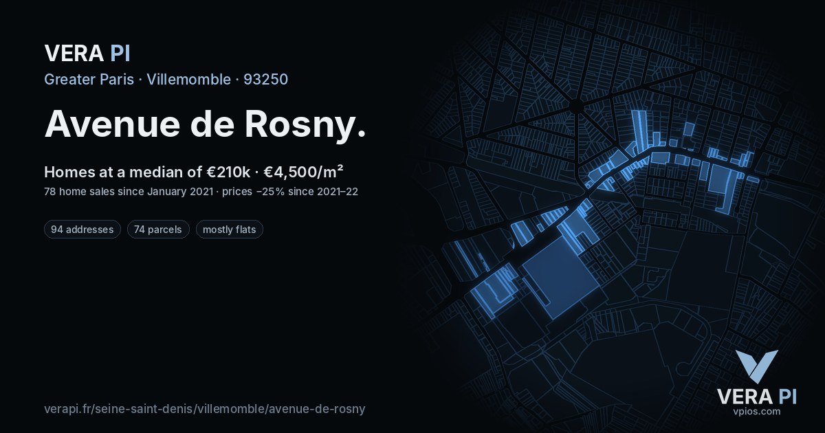 Avenue de Rosny, Villemomble at night – every parcel coloured by the prices around it, the street's own parcels lit