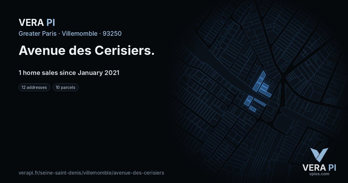 Avenue des Cerisiers, Villemomble at night – every parcel coloured by the prices around it, the street's own parcels lit