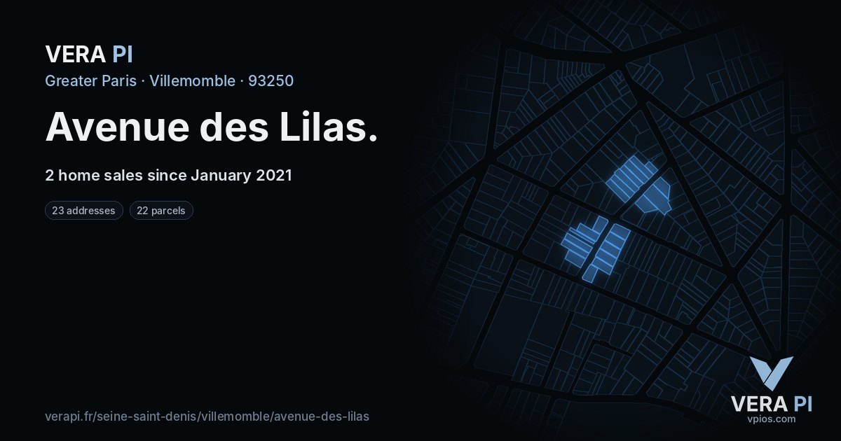 Avenue des Lilas, Villemomble at night – every parcel coloured by the prices around it, the street's own parcels lit