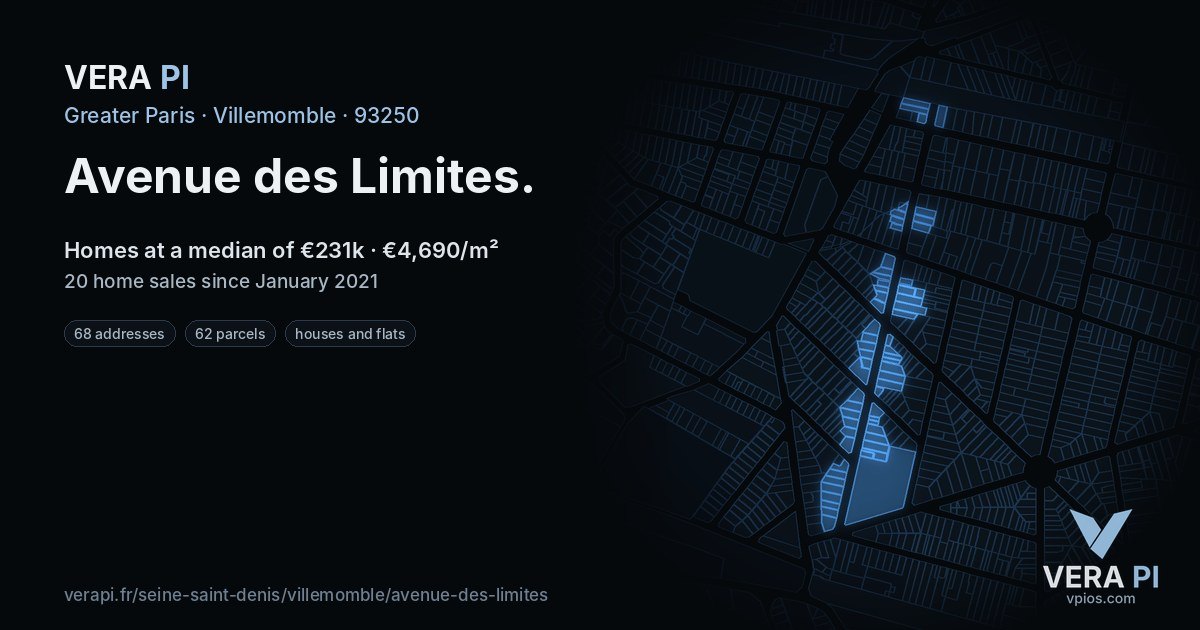 Avenue des Limites, Villemomble at night – every parcel coloured by the prices around it, the street's own parcels lit