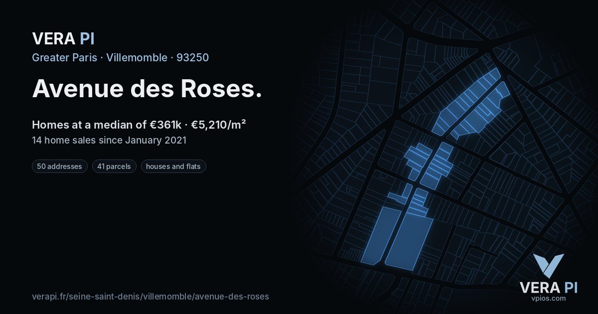 Avenue des Roses, Villemomble at night – every parcel coloured by the prices around it, the street's own parcels lit