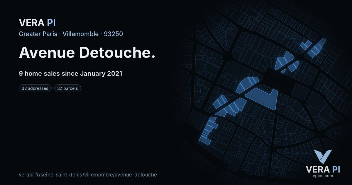 Avenue Detouche, Villemomble at night – every parcel coloured by the prices around it, the street's own parcels lit