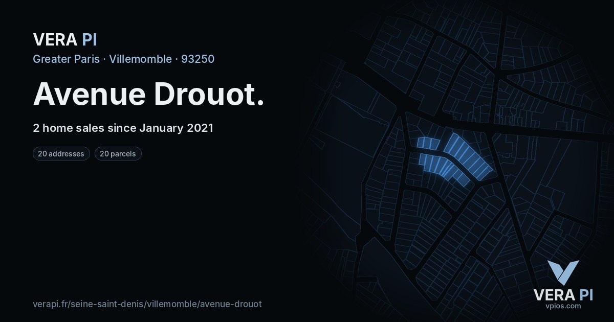 Avenue Drouot, Villemomble at night – every parcel coloured by the prices around it, the street's own parcels lit