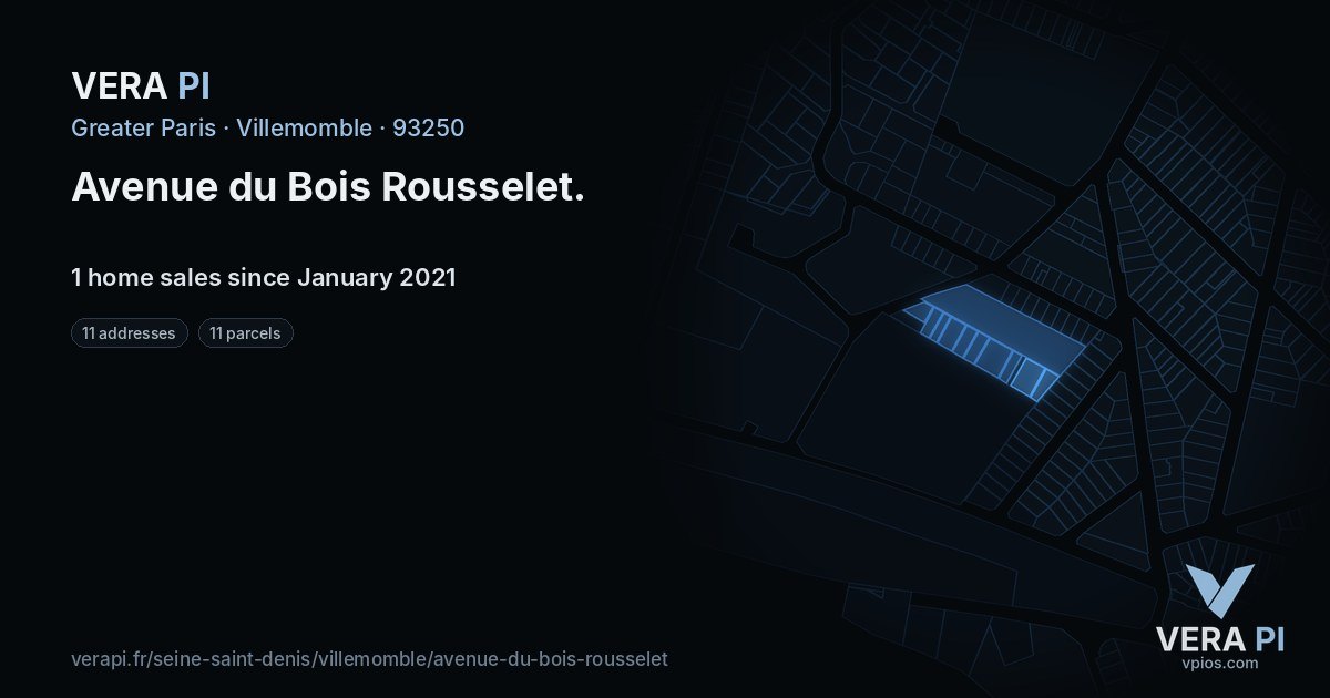 Avenue du Bois Rousselet, Villemomble at night – every parcel coloured by the prices around it, the street's own parcels lit