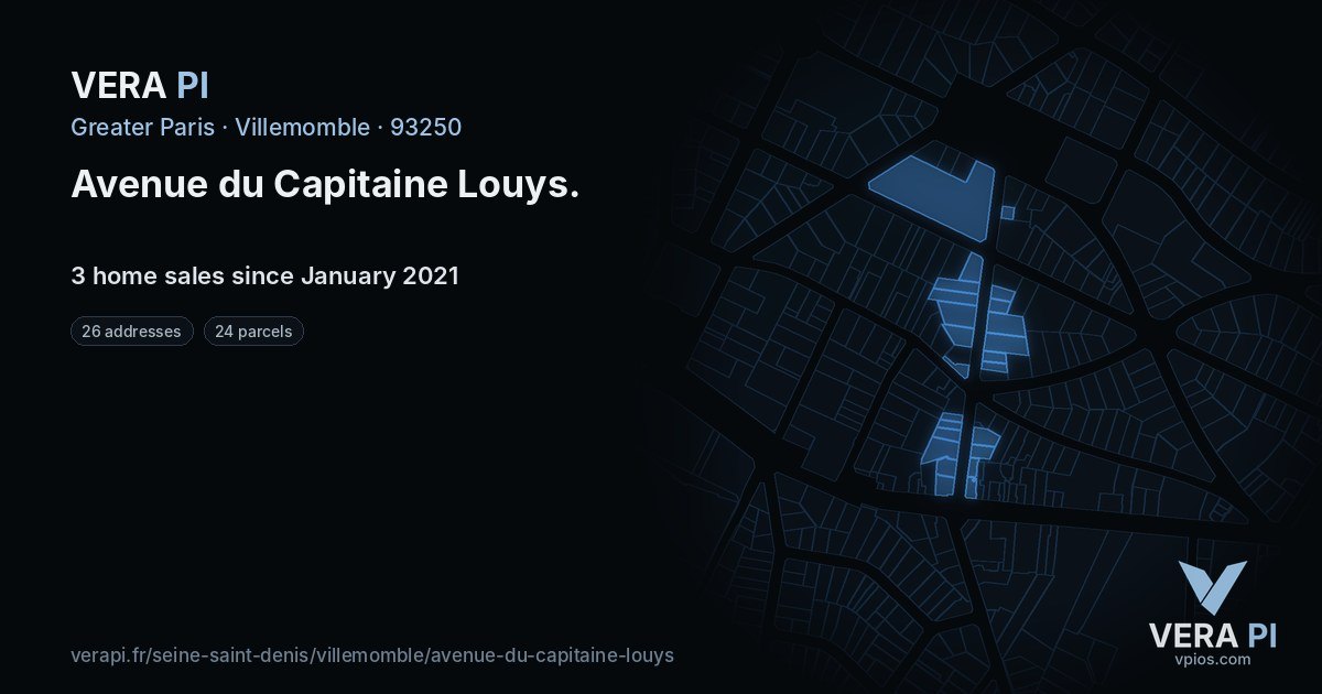 Avenue du Capitaine Louys, Villemomble at night – every parcel coloured by the prices around it, the street's own parcels lit