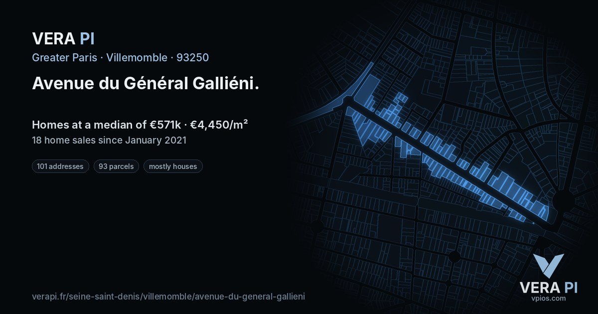Avenue du Général Galliéni, Villemomble at night – every parcel coloured by the prices around it, the street's own parcels lit